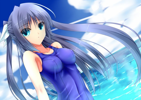 Anime picture 1200x857 with original shouyan single long hair looking at viewer breasts blue eyes light erotic blue hair sky cloud (clouds) girl swimsuit one-piece swimsuit school swimsuit