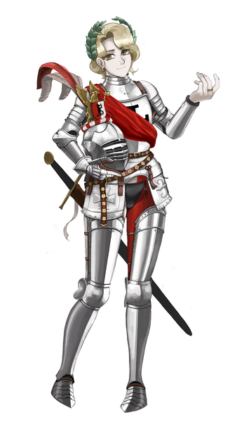 Anime picture 2375x4125 with warhammer fantasy katyusha single tall image looking at viewer fringe highres short hair simple background blonde hair standing white background holding brown eyes full body head tilt arm up light smile sheathed knight