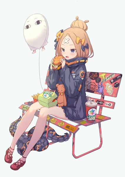 Anime picture 800x1129 with fate (series) fate/grand order abigail williams (fate) medjed gin (oyoyo) single long hair tall image blush open mouth blue eyes blonde hair simple background full body hair bun (hair buns) graffiti heroic spirit traveling outfit girl bow hair bow