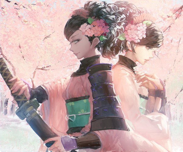 Anime picture 1417x1181 with oboro muramasa (game) vanillaware momohime blackrabbitsoul fringe short hair black hair smile holding brown eyes looking away upper body outdoors long sleeves traditional clothes japanese clothes profile hair flower aqua eyes sunlight