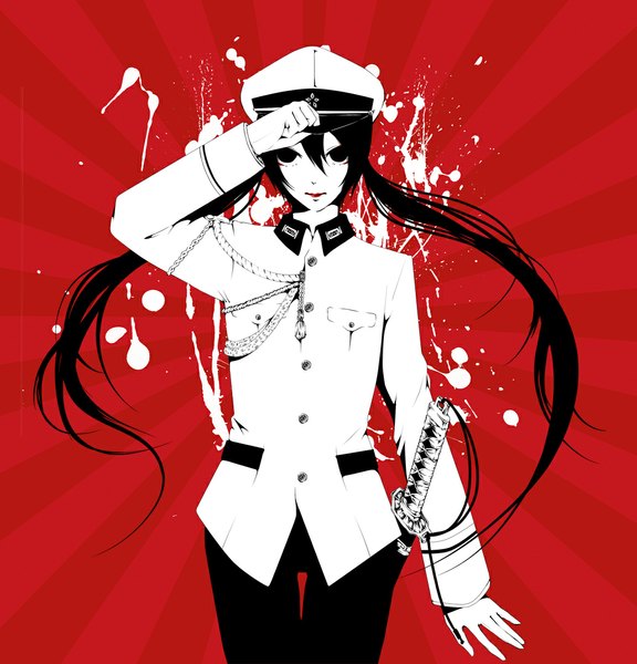 Anime picture 1036x1080 with vocaloid hatsune miku royu single long hair tall image looking at viewer fringe black hair standing twintails lips black eyes alternate costume pale skin red background military alternate color girl uniform