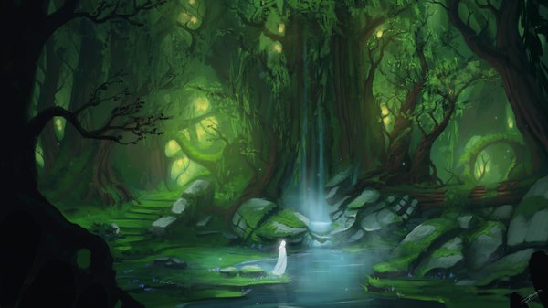 Anime picture 1500x843 with original blinck (artist) single long hair wide image silver hair landscape river waterfall girl dress plant (plants) tree (trees) water white dress grass forest stairs stone (stones) fireflies