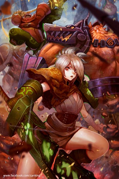 Anime picture 665x1000 with league of legends riven (league of legends) zac (league of legends) pantheon (league of legends) jax (league of legends) nasus (league of legends) canking tall image fringe short hair open mouth red eyes holding looking away grey hair glow girl boy gloves weapon