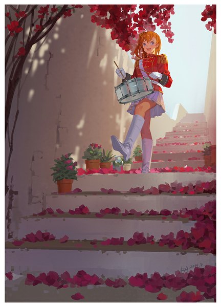 Anime picture 742x1030 with love live! school idol project sunrise (studio) love live! kousaka honoka alphonse (white datura) single long hair tall image looking at viewer blush open mouth blue eyes signed orange hair one side up border walking girl gloves uniform