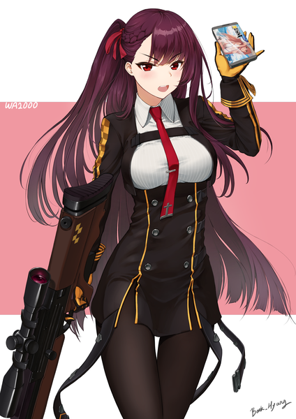 Anime picture 1500x2121 with girls frontline wa2000 (girls frontline) m1903 springfield (girls frontline) baek hyang single long hair tall image looking at viewer blush fringe breasts open mouth simple background red eyes standing holding signed purple hair character names one side up