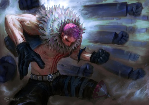 Anime-Bild 1920x1357 mit one piece toei animation charlotte katakuri jsraphael single highres short hair signed pink hair tattoo fur trim watermark muscle fighting stance boy gloves black gloves belt fur fur collar