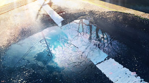 Anime picture 3840x2160 with original banishment highres wide image signed absurdres sky cloud (clouds) cherry blossoms reflection no people petals power lines road puddle
