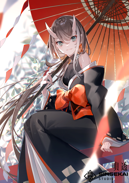 Anime picture 1017x1438 with virtual youtuber sinsekai studio asu (sinsekai) miwano rag single long hair tall image looking at viewer fringe breasts hair between eyes brown hair sitting bare shoulders holding green eyes traditional clothes japanese clothes horn (horns) light smile