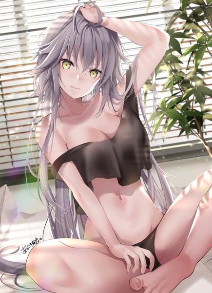 Anime picture 1200x1655 with fate (series) fate/grand order jeanne d'arc (fate) (all) jeanne d'arc alter (fate) akatsuki hijiri single tall image looking at viewer blush fringe breasts light erotic hair between eyes large breasts sitting signed yellow eyes silver hair indoors very long hair