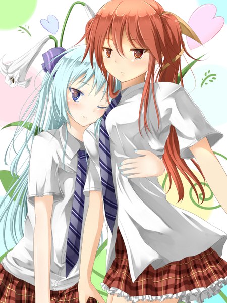 Anime picture 1200x1600 with original inudzuka ringo long hair tall image looking at viewer blush blue eyes red eyes twintails multiple girls red hair nail polish one eye closed wink aqua hair hug plaid skirt girl flower (flowers) bow