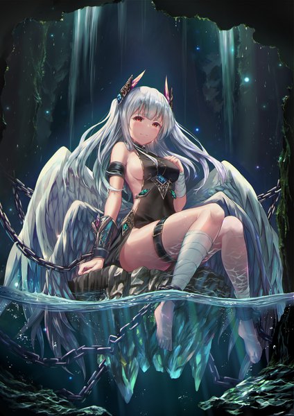 Anime picture 1398x1976 with original tama satou single long hair tall image looking at viewer blush fringe breasts light erotic red eyes sitting silver hair full body blunt bangs arm support tears sideboob white wings soaking feet