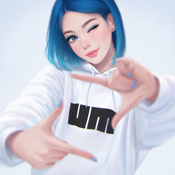 Anime picture 4000x4000 with original umigraphics single looking at viewer highres short hair blue eyes simple background blue hair absurdres upper body long sleeves nail polish head tilt one eye closed fingernails light smile wink blurry realistic