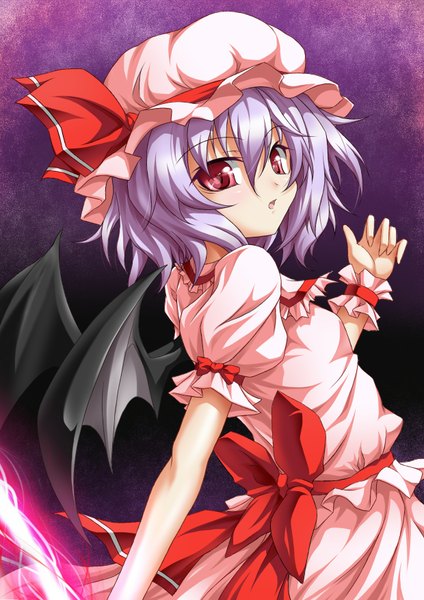 Anime picture 1240x1754 with touhou remilia scarlet roura tall image short hair open mouth red eyes blue hair looking back girl dress bow wings frills bonnet