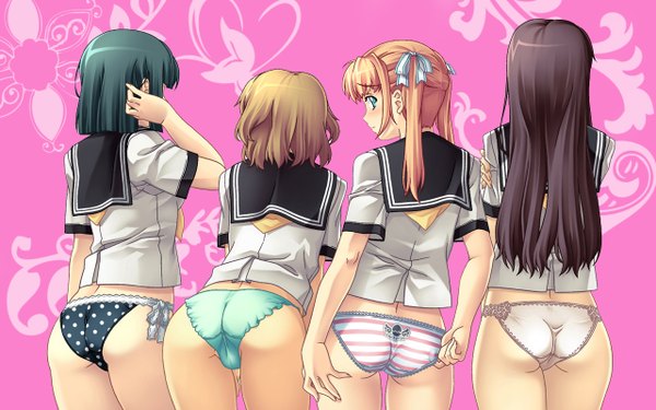 Anime picture 1280x800 with nagayori long hair short hair light erotic brown hair wide image multiple girls blue hair ass looking back leaning leaning forward back striped polka dot lace-trimmed panties print panties lineup girl uniform