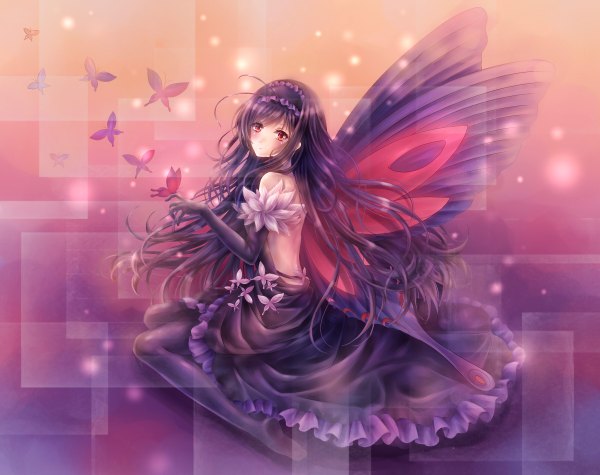 Anime picture 2400x1900 with accel world sunrise (studio) kuroyukihime daphne zhang single long hair blush highres black hair red eyes looking back insect wings butterfly wings girl dress gloves elbow gloves headdress insect butterfly