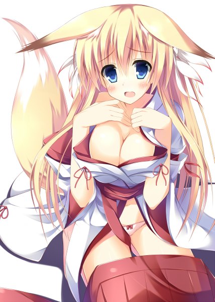 Anime picture 857x1200 with original konoha (nozomi tsubame) nozomi tsubame single long hair tall image looking at viewer blush breasts open mouth blue eyes light erotic blonde hair simple background large breasts white background animal ears cleavage tail traditional clothes