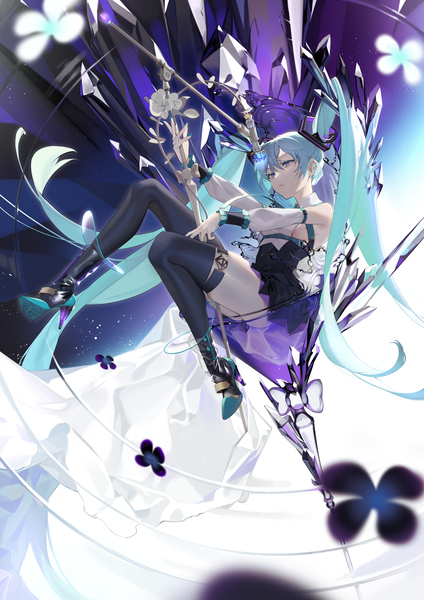 Anime picture 3541x5016 with vocaloid hatsune miku ohisashiburi single tall image fringe highres light erotic hair between eyes twintails purple eyes bare shoulders holding signed looking away absurdres full body bent knee (knees) very long hair nail polish