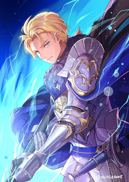 Anime picture 1273x1800 with fire emblem fire emblem: three houses fire emblem warriors: three hopes nintendo dimitri alexandre blaiddyd chachie single tall image looking at viewer fringe short hair blue eyes blonde hair holding signed fur trim twitter username sheathed boy weapon