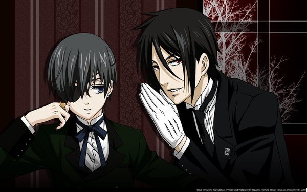 Anime picture 1920x1200 with kuroshitsuji a-1 pictures sebastian michaelis ciel phantomhive highres blue eyes black hair red eyes wide image grey hair gloves earrings necktie bowtie ring eyepatch suit