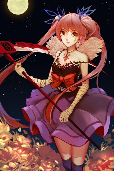 Anime picture 800x1200 with original mconch single long hair tall image looking at viewer fringe standing twintails bare shoulders holding yellow eyes pink hair night night sky white skin girl thighhighs flower (flowers) bow