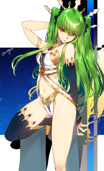 Anime picture 650x1063 with code geass sunrise (studio) c.c. creayus single tall image looking at viewer fringe light erotic hair between eyes standing twintails bare shoulders signed yellow eyes looking away bent knee (knees) head tilt green hair night