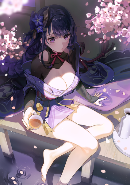 Anime picture 1488x2105 with genshin impact raiden shogun didtldms0312 single long hair tall image breasts light erotic large breasts sitting purple eyes cleavage purple hair barefoot from above bare legs cherry blossoms soaking feet girl hair ornament
