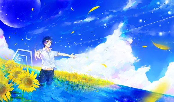 Anime picture 1472x868 with original sanrindou single short hair wide image blue hair sky cloud (clouds) wind spread arms crescent boy flower (flowers) animal petals water belt bird (birds) moon sunflower