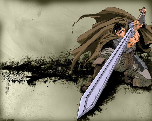 Anime picture 1600x1280 with berserk guts single short hair black hair simple background inscription boy weapon sword armor cloak
