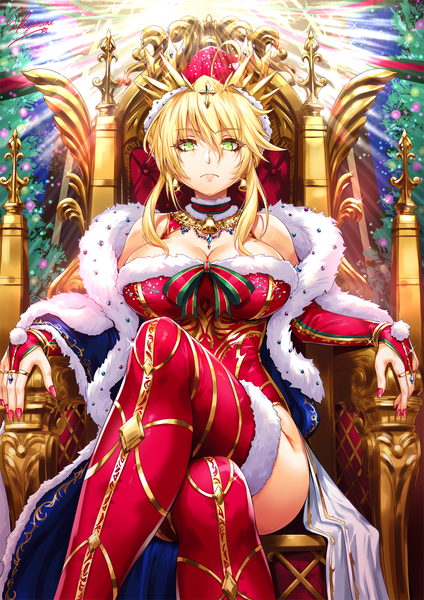 Anime picture 1000x1414 with fate (series) fate/grand order artoria pendragon (all) artoria pendragon (lancer) sakiyamama single tall image looking at viewer fringe short hair breasts light erotic blonde hair hair between eyes large breasts sitting bare shoulders green eyes signed payot