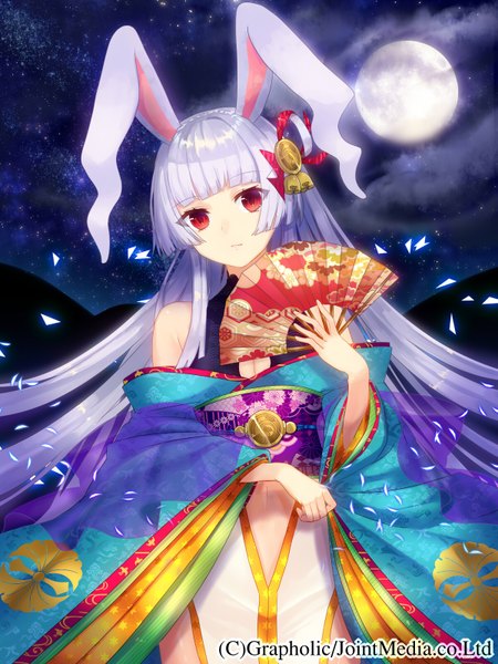 Anime picture 1200x1600 with yusano single long hair tall image looking at viewer red eyes animal ears white hair traditional clothes japanese clothes night bunny ears night sky girl kimono moon fan