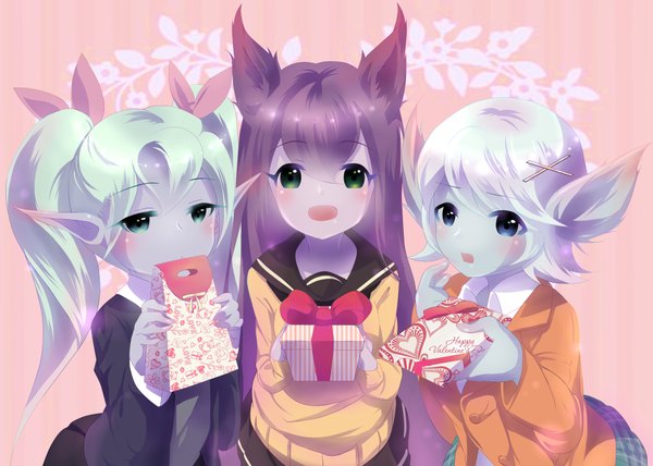 Anime picture 4133x2952 with league of legends lulu (league of legends) tristana (league of legends) poppy (league of legends) sugar (artist) long hair looking at viewer blush fringe highres short hair blue eyes twintails multiple girls green eyes animal ears absurdres silver hair purple hair green hair