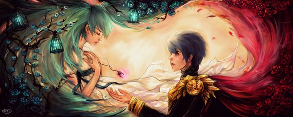 Anime picture 1600x641 with vocaloid hatsune miku kaito (vocaloid) dziu09 short hair blue eyes wide image twintails blue hair eyes closed very long hair lips aqua hair couple looking up girl dress boy flower (flowers) ribbon (ribbons)