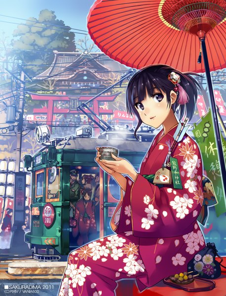 Anime picture 692x907 with original vania600 tall image looking at viewer short hair black hair sitting traditional clothes japanese clothes black eyes girl hair ornament kimono umbrella oriental umbrella people train