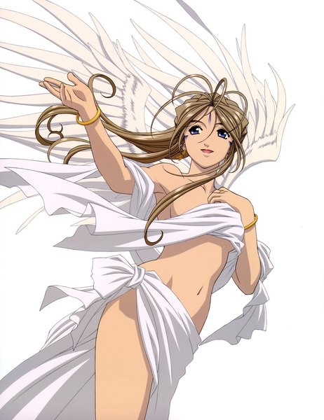 Anime picture 3243x4206 with aa megami-sama anime international company belldandy matsubara hidenori single long hair tall image highres open mouth blue eyes light erotic simple background brown hair white background bare shoulders looking away absurdres ahoge groin covering