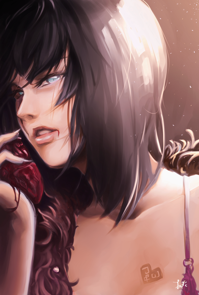 Anime picture 1181x1748 with original jn3 single tall image fringe short hair black hair holding looking away aqua eyes fingernails lips bleeding girl heart blood