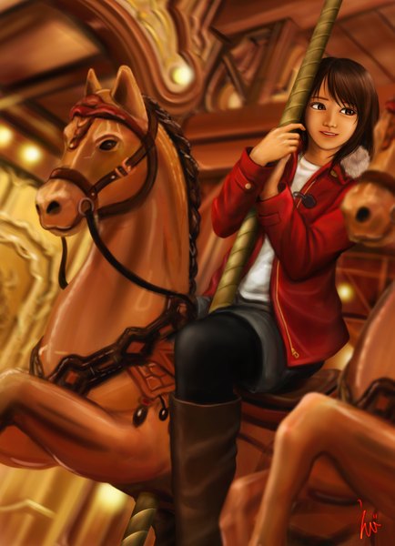 Anime picture 1447x2000 with original ebi (eeotoko) single tall image looking at viewer short hair brown hair sitting brown eyes realistic girl jacket boots carousel