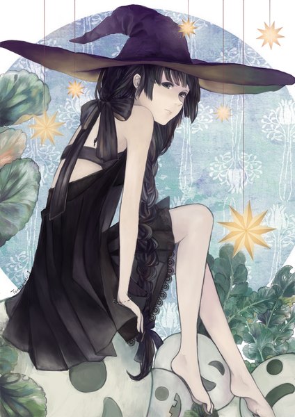 Anime picture 1240x1754 with original mi-so single long hair tall image black hair sitting brown eyes braid (braids) barefoot black eyes no shoes single braid halloween girl dress bow plant (plants) hair bow hat