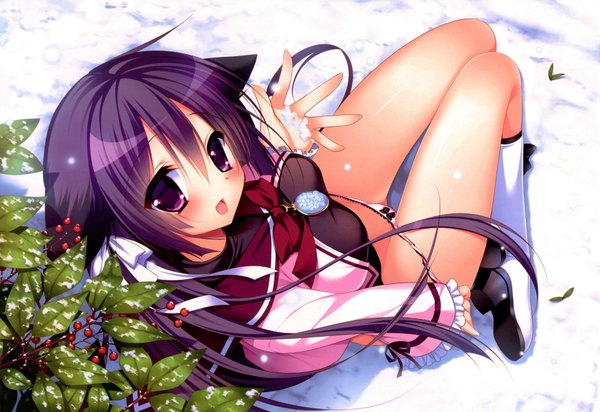 Anime picture 3500x2408 with yukikoi melt himeguri taruhi nanaka mai single long hair looking at viewer blush fringe highres breasts open mouth light erotic animal ears absurdres purple hair lying pink eyes from above bare legs snowing