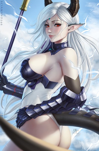 Anime picture 800x1220 with epic seven luna (epic7) sciamano240 single long hair tall image looking at viewer blush fringe breasts light erotic smile red eyes large breasts bare shoulders holding signed payot sky cloud (clouds)