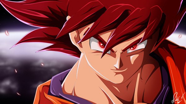 Anime picture 1366x768 with dragon ball dragon ball z super son goku robcv single long hair fringe smile red eyes wide image signed red hair open shirt glowing glowing eye (eyes) serious boy petals