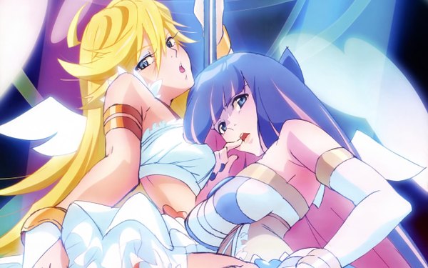 Anime picture 2560x1600 with panty & stocking with garterbelt anarchy stocking anarchy panty long hair blush highres open mouth blue eyes light erotic blonde hair wide image multiple girls nail polish multicolored hair two-tone hair colored inner hair angel wings girl dress bow