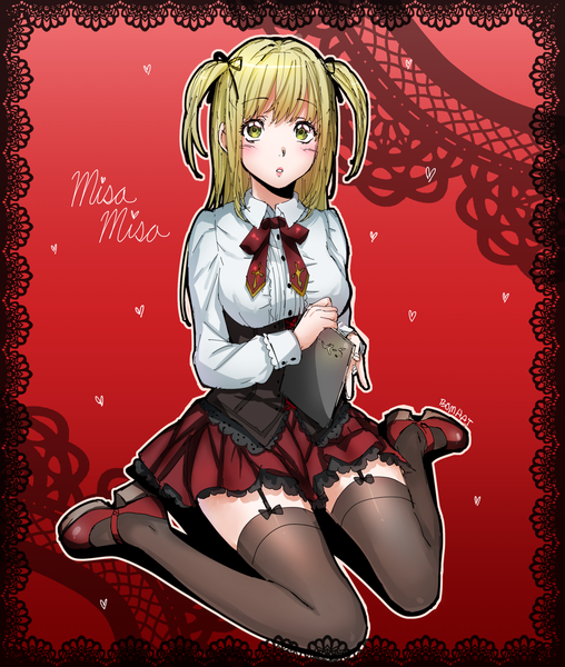 Anime picture 1600x1889 with death note madhouse amane misa bomhat single long hair tall image looking at viewer blush fringe breasts blonde hair sitting holding green eyes signed full body bent knee (knees) parted lips pleated skirt