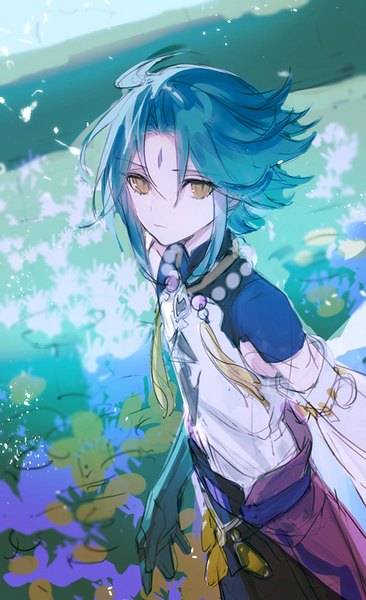 Anime picture 500x820 with genshin impact xiao (genshin impact) aona (ns) single tall image looking at viewer short hair yellow eyes from above aqua hair forehead mark sketch boy flower (flowers) detached sleeves