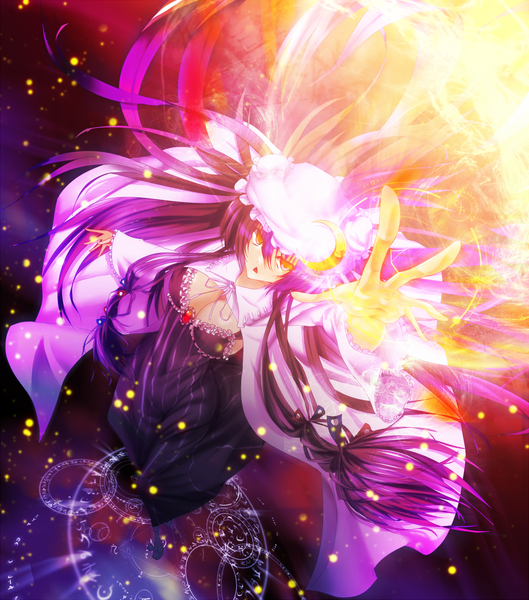 Anime picture 1043x1183 with touhou patchouli knowledge sousakubito single long hair tall image yellow eyes purple hair outstretched arm magic girl dress bonnet magic circle