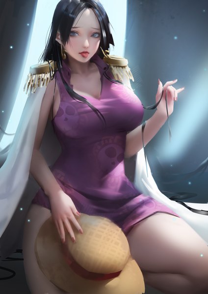 Anime picture 5000x7073 with one piece toei animation boa hancock weber single long hair tall image looking at viewer highres breasts blue eyes light erotic black hair large breasts sitting payot absurdres bent knee (knees) nail polish fingernails