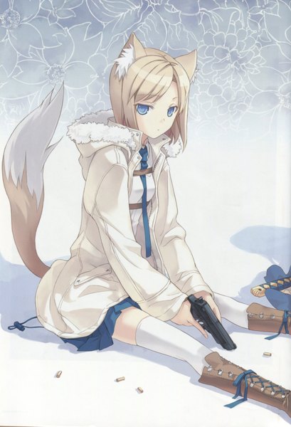 Anime picture 2364x3465 with original h2so4 single tall image highres short hair blue eyes blonde hair sitting animal ears tail animal tail open clothes open jacket zettai ryouiki girl thighhighs weapon shirt white thighhighs