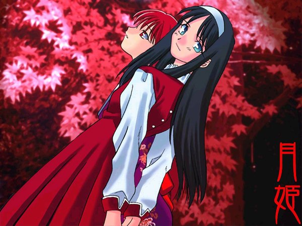 Anime picture 1024x768 with shingetsutan tsukihime type-moon toono akiha vermillion akiha takeuchi takashi long hair fringe short hair blue eyes black hair red eyes standing multiple girls red hair parted lips profile looking back official art wallpaper copyright name