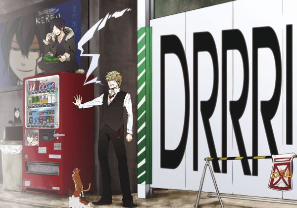 Anime picture 1279x898 with durarara!! brains base (studio) orihara izaya heiwajima shizuo short hair black hair blonde hair eyes closed inscription multiple boys hieroglyph smoke open collar smoking boy tongue bowtie fur 2 boys cat