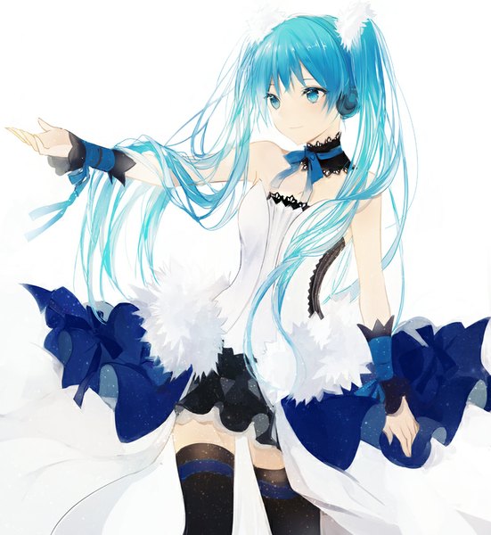 Anime picture 778x848 with 7th dragon vocaloid hatsune miku lpip single long hair tall image simple background smile white background twintails bare shoulders aqua eyes aqua hair walking girl dress bow