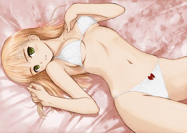 Anime picture 1799x1280 with original tony taka single long hair looking at viewer blush fringe highres breasts light erotic blonde hair green eyes lying on back turning head third-party edit girl navel swimsuit bikini